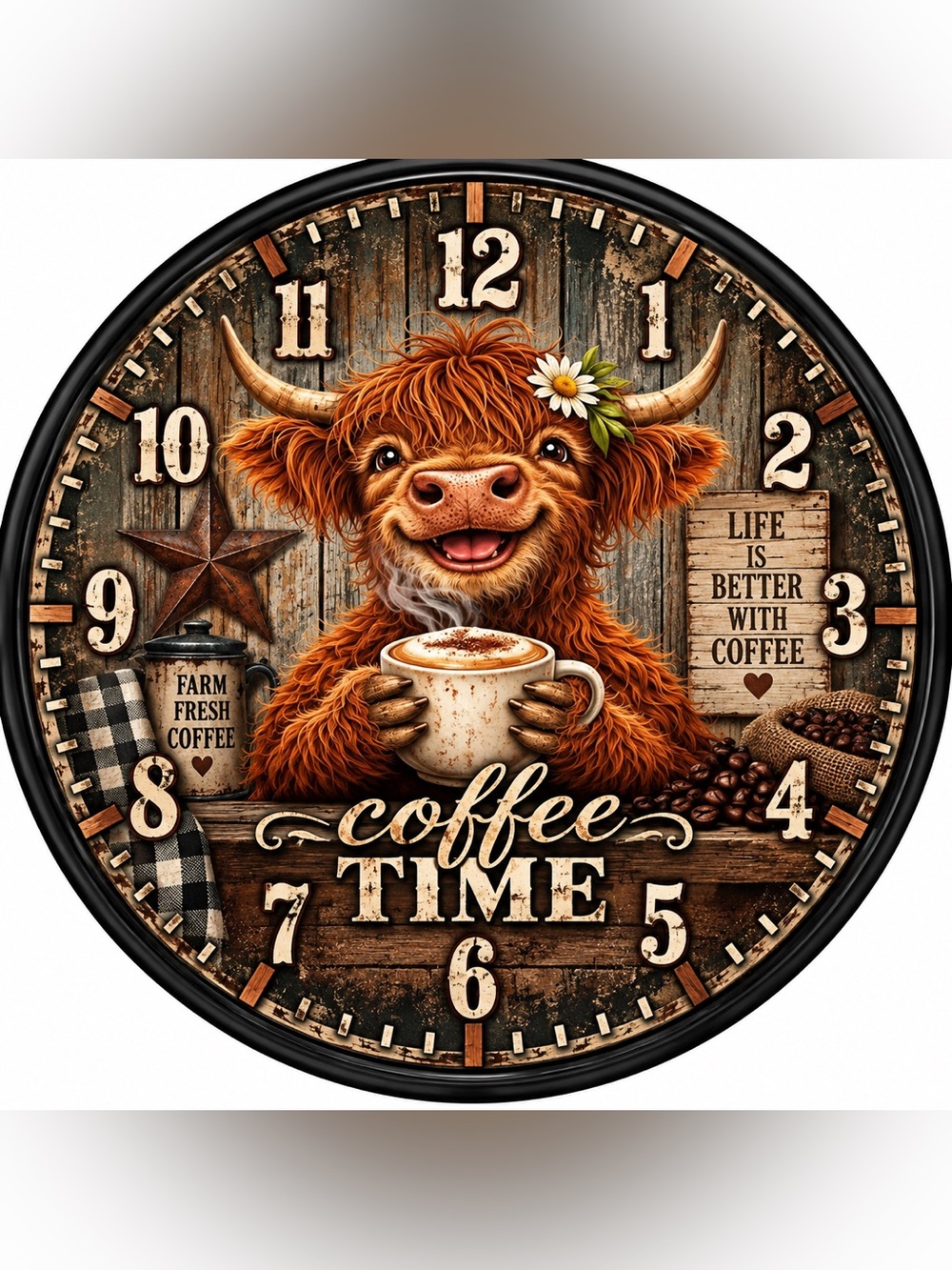 Coffee Time Wall Clock - Brown Highland Cow Design